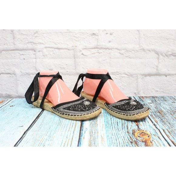Tintori Black Beaded Embroidered Espadrille Lace-up Sandals Size 40 / 9 - Picture 3 of 9